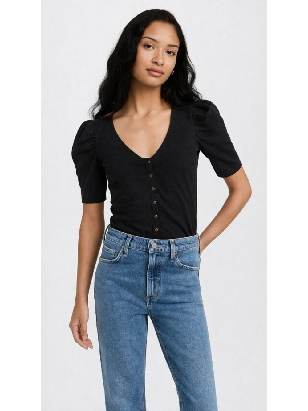 Nation LTD Peyton Puff Sleeve Black Top with a V-neck and Front Button Medium
